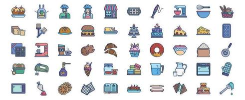 verzameling van pictogrammen verwant naar bakken en bakkerij, inclusief pictogrammen Leuk vinden taart, schort, bakken dienblad en meer. vector illustraties, pixel perfect reeks