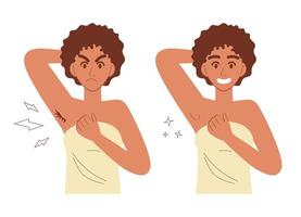 oksel haar- verwijdering voordat en na. schattig zwart vrouw lichaam zorg. vector illustratie geïsoleerd Aan wit achtergrond.
