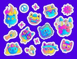 een reeks van psychedelisch stickers. helder hallucinogeen katten in retro stijl. stickers met kittens vector