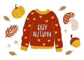 warm trui met belettering knus herfst. warm kleren, pompoen, herfst blad val, champignons en eikel. vallen en warm kleren vector