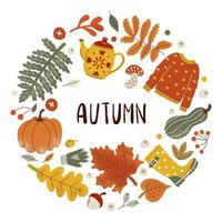 herfst knus sticker reeks met belettering. pompoen, trui, oogst, geel bladeren, blad val, laarzen, eikel, paddestoel Aan een wit achtergrond vector