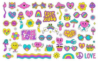 een reeks van helder kinderen stickers in de hippie stijl van de jaren 60, jaren 70. psychedelisch zuur tekeningen. meisje patches vector