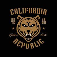 Californië republiek ontwerp grizzly beer hoofd. hand- getrokken grafiek voor afdrukken, affiches, stickers. gouden staat typografie. vector wijnoogst illustratie. - vector