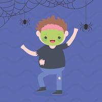 happy halloween, lachende zombiejongen met spinnen vector