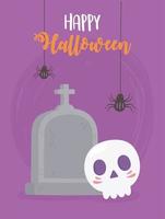 vrolijke halloween hangende spinnen, schedel en grafsteenkaart vector