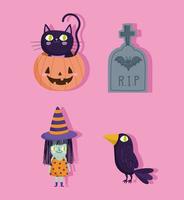 halloween-kat in pompoen, heks, grafsteen, raafpictogrammen vector