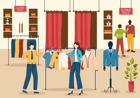 mode mannen en kleding van modieus Mens in winkel binnen- of kleren winkel voor boodschappen doen Aan vlak tekenfilm hand- getrokken Sjablonen illustratie vector