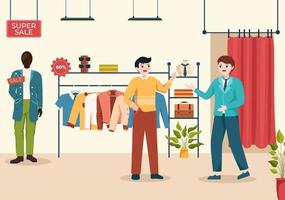 mode mannen en kleding van modieus Mens in winkel binnen- of kleren winkel voor boodschappen doen Aan vlak tekenfilm hand- getrokken Sjablonen illustratie vector