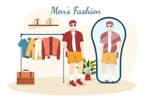 mode mannen en kleding van modieus Mens in winkel binnen- of kleren winkel voor boodschappen doen Aan vlak tekenfilm hand- getrokken Sjablonen illustratie vector