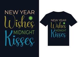 nieuw jaar wensen middernacht kusjes illustraties voor drukklare t-shirts ontwerp vector