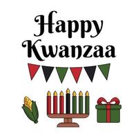 groet kaart gelukkig kwanzaa in modern vlak stijl met kinara kaars houder, maïs, geschenk doos - traditioneel Kwanza symbolen. vector geïsoleerd Aan wit achtergrond. Afrikaanse erfgoed viering.