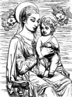 een vrouw Holding een kind wijnoogst illustratie. vector