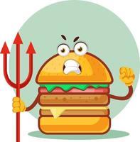 hamburger is Holding een drietand, illustratie, vector Aan wit achtergrond.