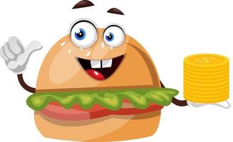 hamburger met munten, illustratie, vector Aan wit achtergrond.