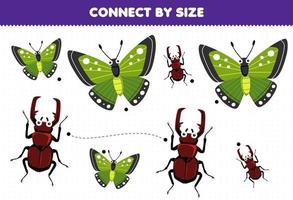 leerzaam spel voor kinderen aansluiten door de grootte van schattig tekenfilm vlinder en kever afdrukbare kever werkblad vector