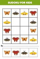 onderwijs spel voor kinderen sudoku voor kinderen met schattig tekenfilm mot afdrukbare kever werkblad vector