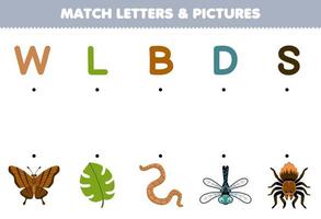 onderwijs spel voor kinderen bij elkaar passen brieven en afbeeldingen van schattig tekenfilm vlinder blad worm libel spin afdrukbare kever werkblad vector