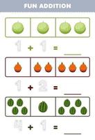 onderwijs spel voor kinderen pret toevoeging door tellen en traceren de aantal van schattig tekenfilm meloen draak fruit watermeloen afdrukbare fruit werkblad vector