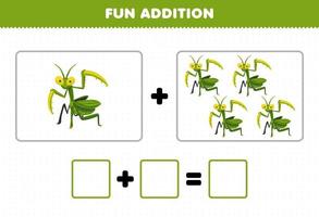 onderwijs spel voor kinderen pret toevoeging door tellen schattig tekenfilm bidsprinkhaan afbeeldingen afdrukbare kever werkblad vector