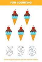 onderwijs spel voor kinderen tellen de afbeeldingen en kleur de correct aantal van schattig tekenfilm ijs room afdrukbare voedsel werkblad vector