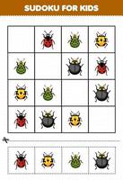 onderwijs spel voor kinderen sudoku voor kinderen met schattig tekenfilm lieveheersbeestje afdrukbare kever werkblad vector