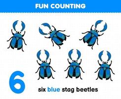 onderwijs spel voor kinderen pret tellen zes blauw hert kevers afdrukbare kever werkblad vector