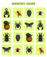 onderwijs spel voor kinderen geheugen naar vind vergelijkbaar afbeeldingen van schattig tekenfilm schorpioen cicade luis vlieg kever vlinder afdrukbare kever werkblad vector