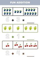 onderwijs spel voor kinderen pret toevoeging door tellen en traceren de aantal van schattig tekenfilm bosbes druif kers afdrukbare fruit werkblad vector