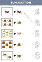 onderwijs spel voor kinderen pret toevoeging van schattig tekenfilm mier slak sprinkhaan hout log vervolgens Kiezen de correct aantal door traceren de lijn kever werkblad vector
