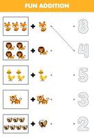 onderwijs spel voor kinderen pret tellen en toevoegen een meer schattig tekenfilm geel dier vervolgens Kiezen de correct aantal door traceren de lijn werkblad vector