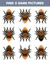 onderwijs spel voor kinderen vind twee dezelfde afbeeldingen van schattig tekenfilm tarantula spin afdrukbare kever werkblad vector