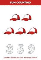 onderwijs spel voor kinderen tellen de afbeeldingen en kleur de correct aantal van tekenfilm rood pet afdrukbare draagbaar kleren werkblad vector