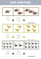 onderwijs spel voor kinderen pret toevoeging door tellen en traceren de aantal van schattig tekenfilm leptoceratops parasaurolophus afdrukbare prehistorisch dinosaurus werkblad vector