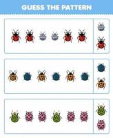onderwijs spel voor kinderen Raad eens de patroon elk rij van schattig tekenfilm lieveheersbeestje afdrukbare kever werkblad vector