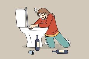 hebben kater na partij concept. jong vrouw tekenfilm karakter zittend Aan knieën omarmen toilet met flessen van wijn staand Aan verdieping gevoel ziek vector illustratie