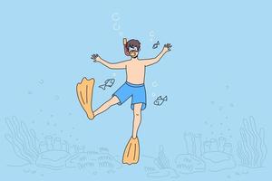 jongen kind in scuba en zwemmen vinnen snorkelen onder water in zee. gelukkig kind in badmode duiken in oceaan. actief zomer vakantie of vakantie. marinier amusement. vlak vector illustratie.