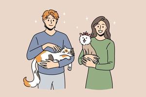 genieten van dieren en huisdieren concept. jong glimlachen paar vrouw en Mens staand en Holding kat en klein hond Aan handen gevoel liefde vector illustratie