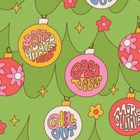 Kerstmis retro Jaren 30 vierkant kaarten met hippie groeten Aan decoratief ballen. Kerstmis boom met bloemen en belettering citaten. jaren 50, Jaren 60 oud stijl. wijnoogst grappig vector illustratie. vrolijk emoties.