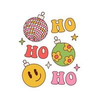 hippie wijnoogst stijl Kerstmis kaart. jaren 70 groovy nieuw jaar typografisch poster met hohoho en Kerstmis boom ballen. hand- getrokken vector illustratie.