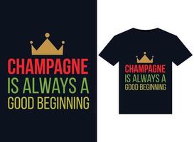 Champagne is altijd een mooi zo begin illustraties voor drukklare t-shirts ontwerp vector