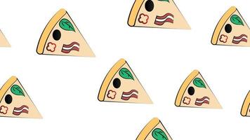 plak van pizza Aan dun korst, wit achtergrond, vector illustratie, patroon. pizza gevuld met vlees en groenten, met kruiden. patroon, keuken decoratie, elegant behang