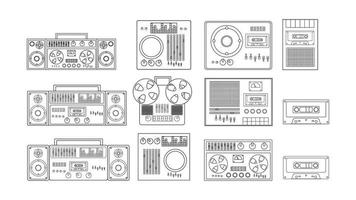 reeks van zwart en wit oud retro wijnoogst hipster musical elektronica uitrusting audio cassette opnemer met magnetisch plakband, dj troosten van jaren 70, jaren 80, jaren 90. vector illustratie