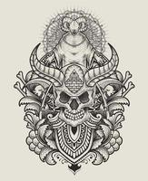 illustratie demon schedel met antiek gravure stijl perfect voor t shirt, capuchon, jasje, poster vector