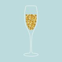 illustratie van Champagne glas met van realistisch gouden schitteren stof geïsoleerd Aan blauw achtergrond. perfect voor vakantie kaart of elegant partij uitnodiging. vector