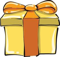 geel Cadeau met oranje boog, illustratie, vector Aan wit achtergrond.