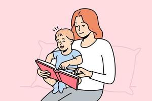 gelukkig zorgzaam jong moeder met weinig baby zuigeling lezing boek samen. glimlachen liefhebbend mam Speel met klein kind Bij huis. moederschap concept. vector illustratie.