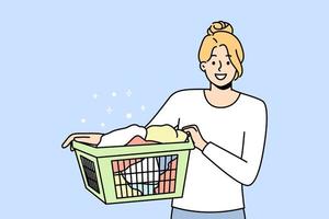 glimlachen jong vrouw met mand met kleren gaan naar de was. gelukkig meisje schoonmaak kleding in wasserette. vector illustratie.