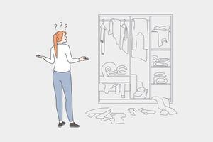 moeilijk keuze en garderobe concept. jong gefrustreerd vrouw tekenfilm karakter staand op zoek Bij chaos in garderobe proberen naar Kiezen kleren vector illustratie