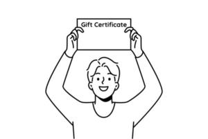 glimlachen jong Mens Holding geschenk certificaat in handen. gelukkig vent met papierwerk document voor Geschenk. vector illustratie.