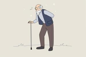 hand- getrokken vector illustratie van senior Mens met wandelen stok. senior pensioen. wandelen oud Mens. vector illustratie met abstract achtergrond